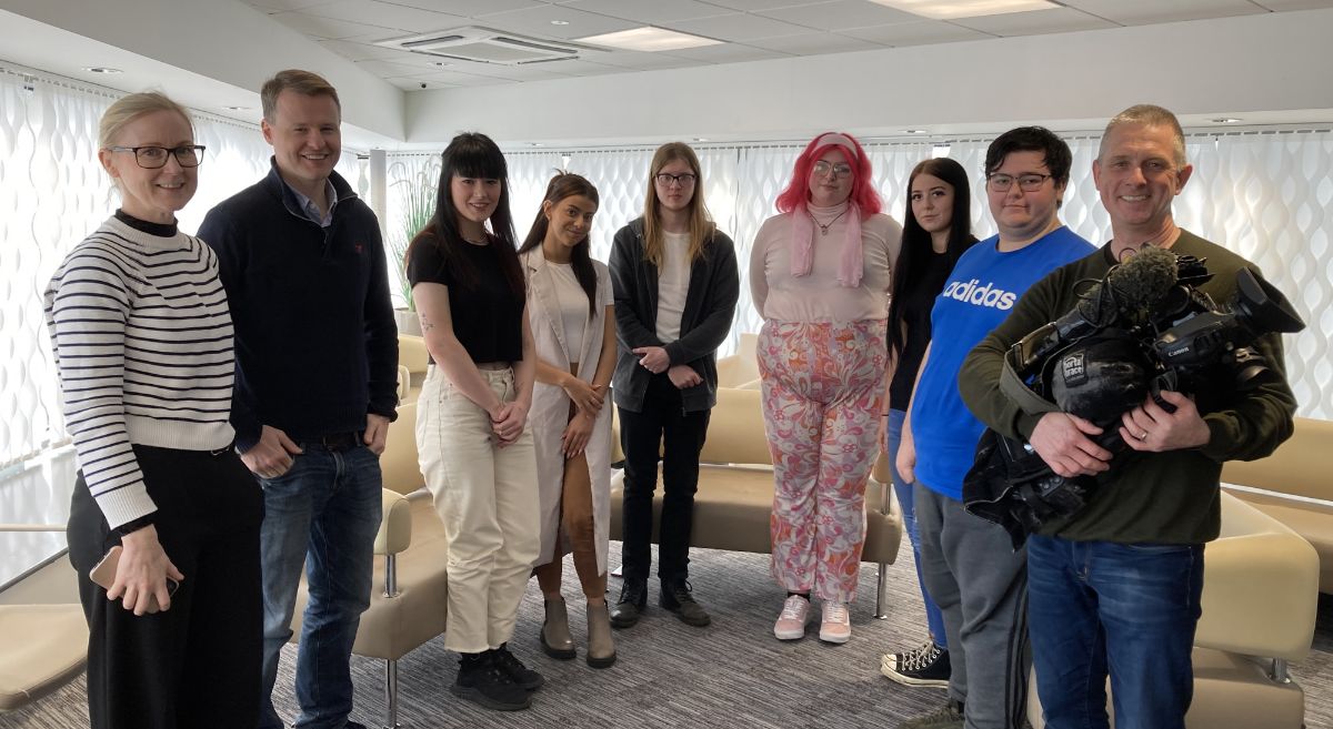 From BBC News NI Lesley-Anne McKeown and Chris Buckler with Orla Dempster, Julia Kutyla, Jacob O’Neill, Alyssa Cathcart Rachel Dunne and Matthew Leitch with Cameraman, Martin Kellet.